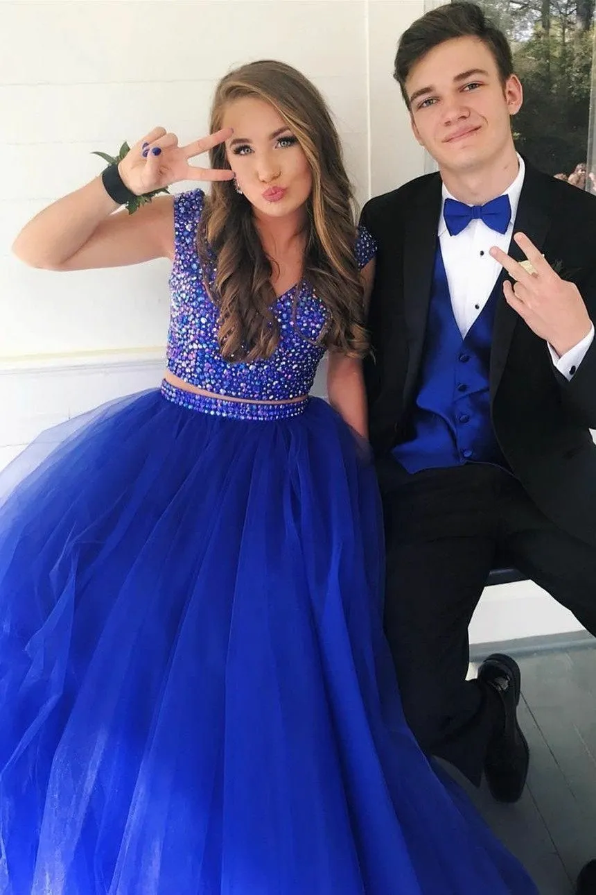 Rhinestones Two-piece Prom Gowns with Royal Blue Tulle Skirt
