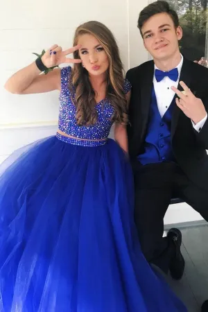 Rhinestones Two-piece Prom Gowns with Royal Blue Tulle Skirt