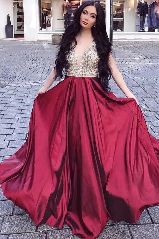 Rhinestones V-neckline Long Prom Gown Burgundy Skirt