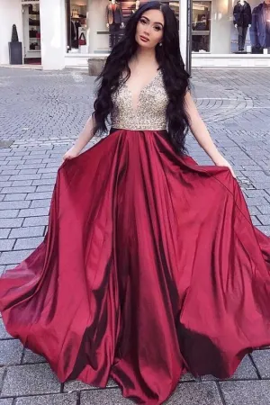 Rhinestones V-neckline Long Prom Gown Burgundy Skirt