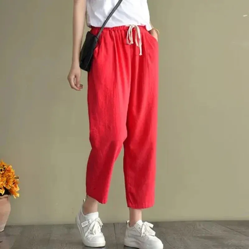 Rimocy Summer Casual Cotton Linen Pants Women Retro Pockets Loose Harem Pants Woman Solid Elastic Waist Trousers Female