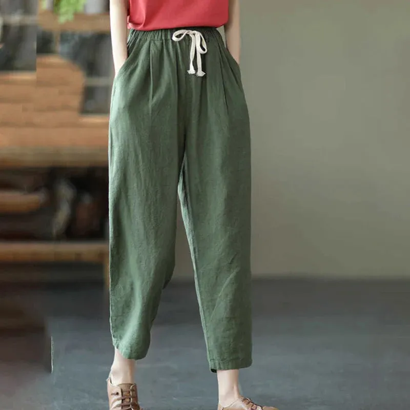 Rimocy Summer Casual Cotton Linen Pants Women Retro Pockets Loose Harem Pants Woman Solid Elastic Waist Trousers Female