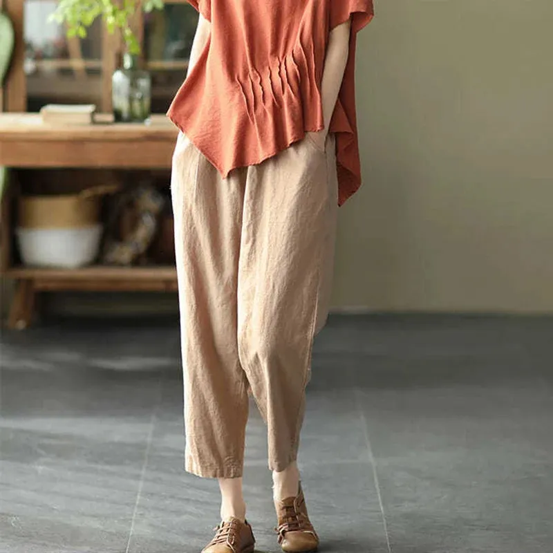 Rimocy Summer Casual Cotton Linen Pants Women Retro Pockets Loose Harem Pants Woman Solid Elastic Waist Trousers Female