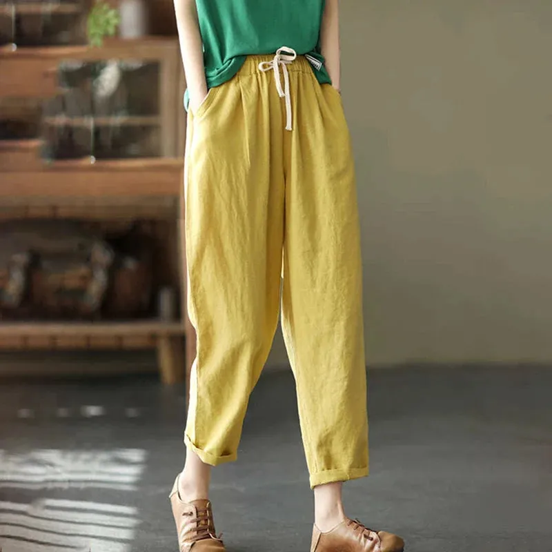 Rimocy Summer Casual Cotton Linen Pants Women Retro Pockets Loose Harem Pants Woman Solid Elastic Waist Trousers Female