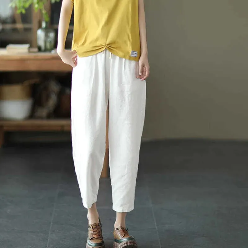 Rimocy Summer Casual Cotton Linen Pants Women Retro Pockets Loose Harem Pants Woman Solid Elastic Waist Trousers Female