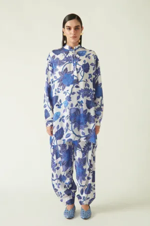 Rockefeller Holidays I  Sungai Printed Tunic  Modal Satin White/Navy Java collection 8JV-47A