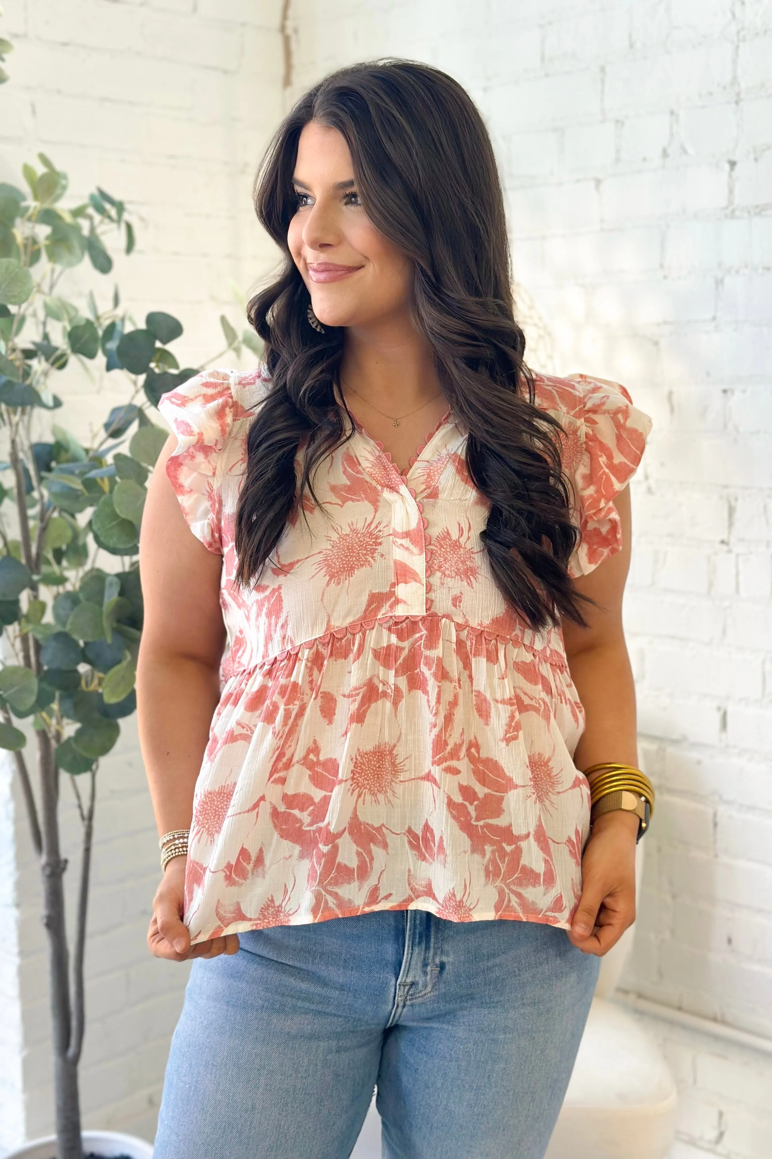 Rose Floral Print Scalloped Detail Top