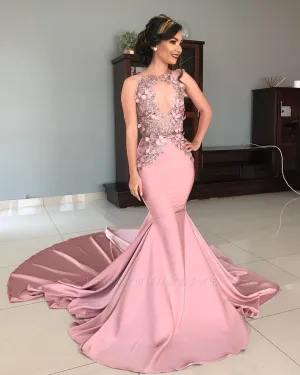 rose pink evening dresses long floral mermaid satin lace applique elegant evening gown robe de soiree