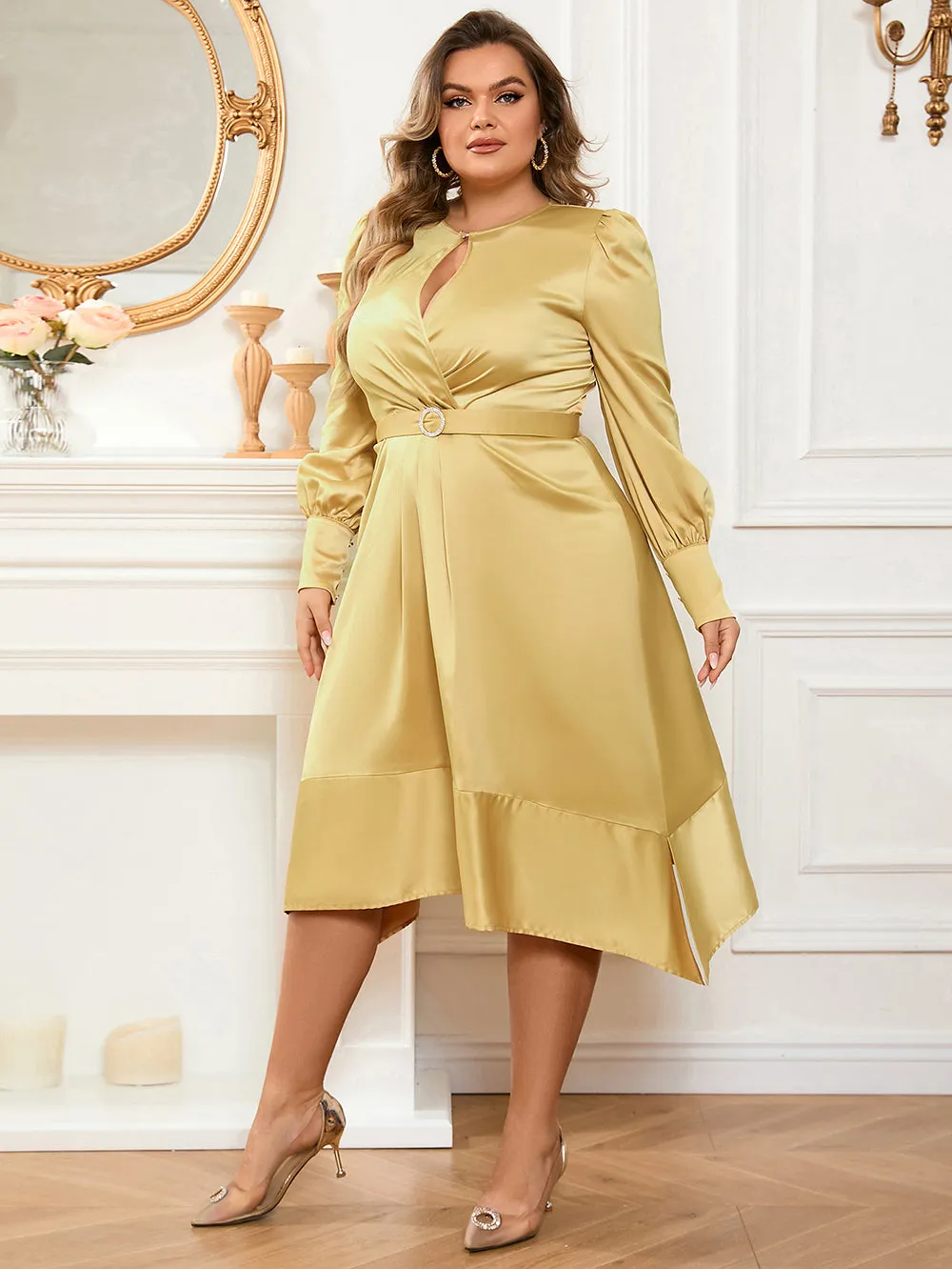 Round Neck Chest Hollowing Midi Bodycon Dress HB100391