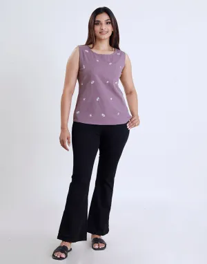 Round Neck Sleeveless Embroidered Top