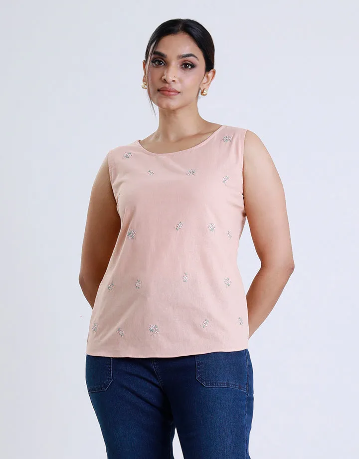 Round Neck Sleeveless Embroidered Top