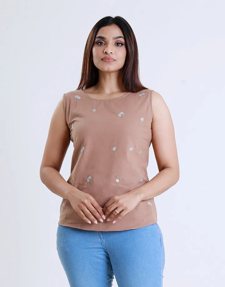 Round Neck Sleeveless Embroidered Top