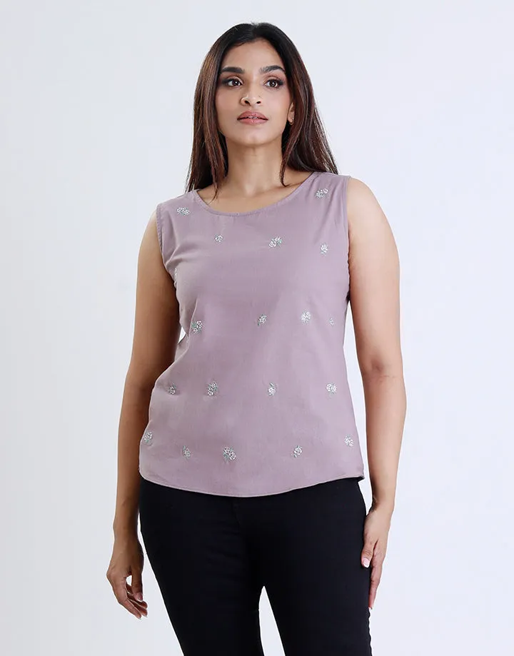 Round Neck Sleeveless Embroidered Top