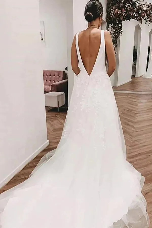 Roycebridal Ivory Tulle Lace Deep V-neck Wedding Dresses With Train, Bridal Gowns, MW820