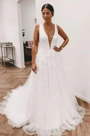Roycebridal Ivory Tulle Lace Deep V-neck Wedding Dresses With Train, Bridal Gowns, MW820