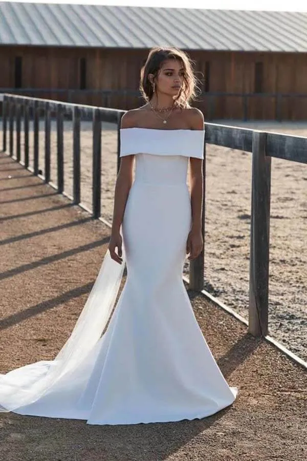 Roycebridal Simple Ivory Mermaid Off-the-Shoulder Wedding Dresses, Bridal Gowns, MW696