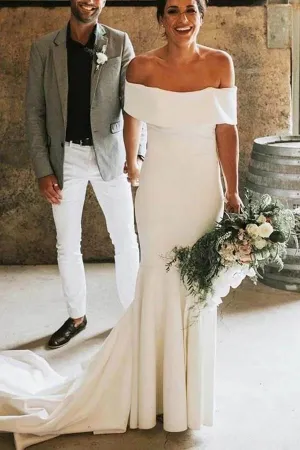 Roycebridal Simple Ivory Mermaid Off-the-Shoulder Wedding Dresses, Bridal Gowns, MW696