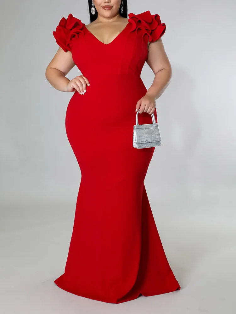 Ruffle Solid Evening Dress
