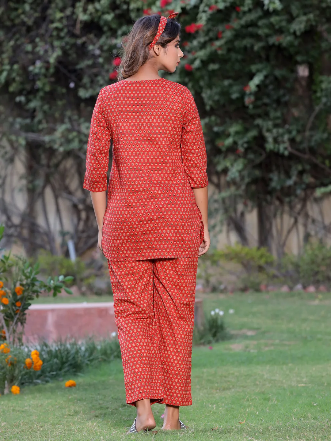 Rust Ethnic Print Straight Cotton Short Kurta With Pajamas