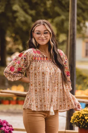 Rust Geometric Embroidered Top