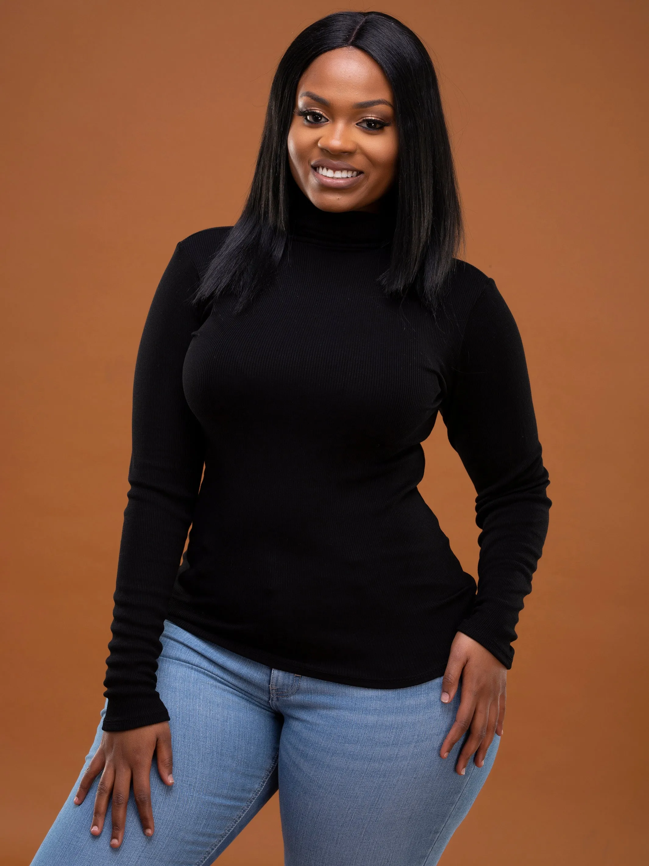 Safari Ribbed Turtleneck Top - Black