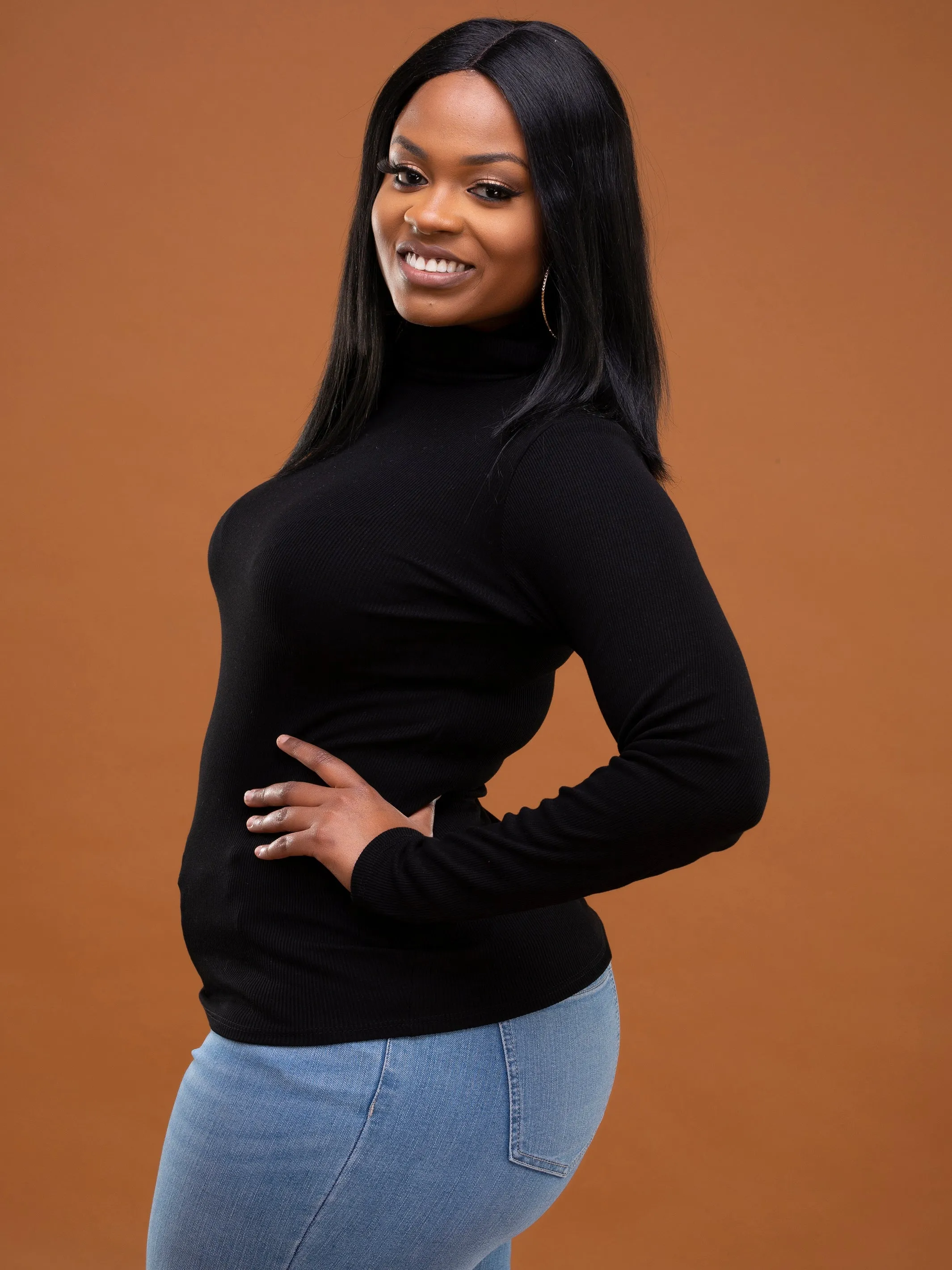 Safari Ribbed Turtleneck Top - Black