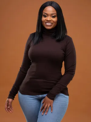 Safari Ribbed Turtleneck Top - Chocolate Brown