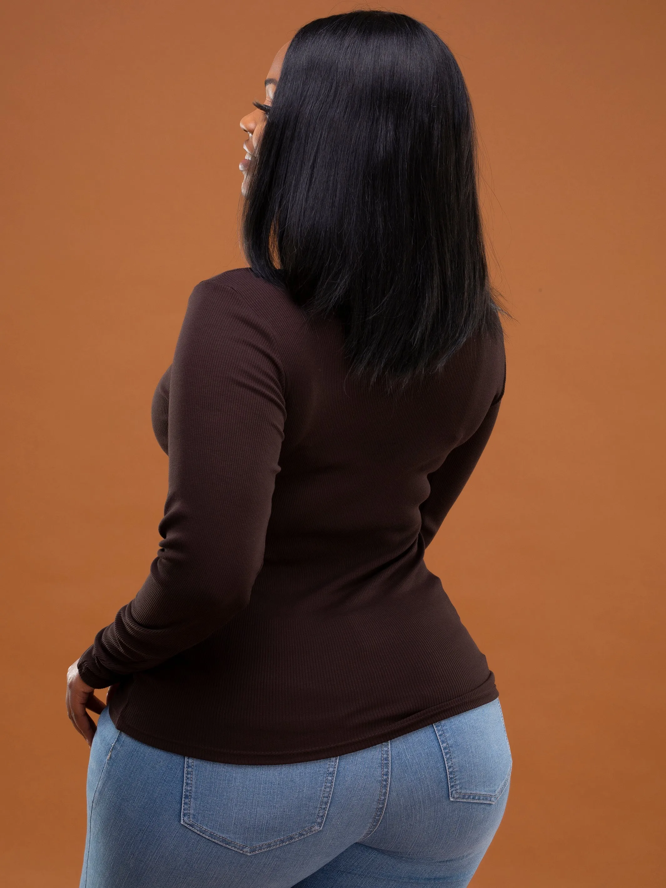Safari Ribbed Turtleneck Top - Chocolate Brown