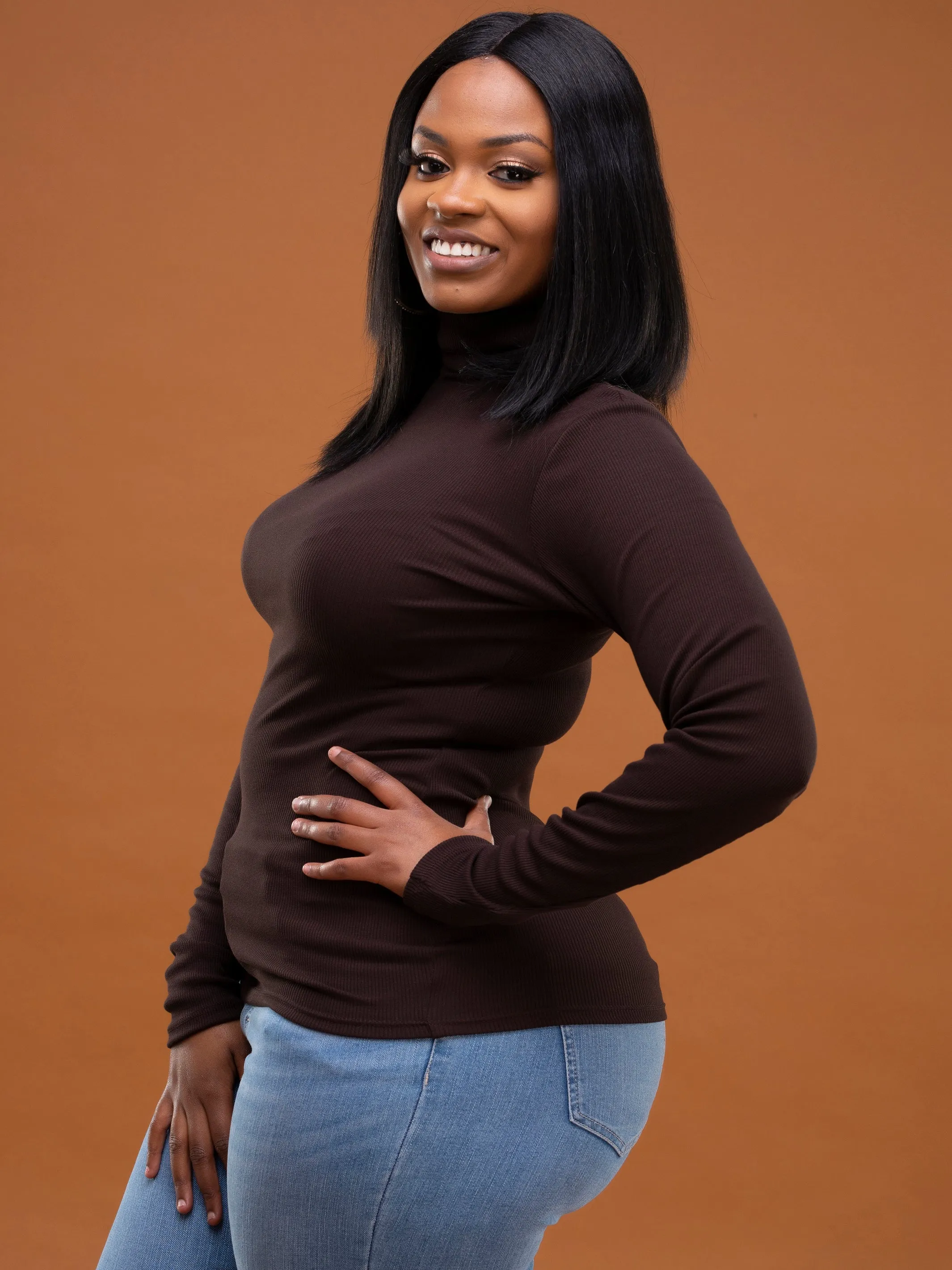 Safari Ribbed Turtleneck Top - Chocolate Brown