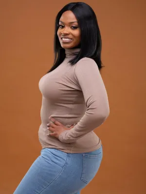 Safari Ribbed Turtleneck Top - Taupe