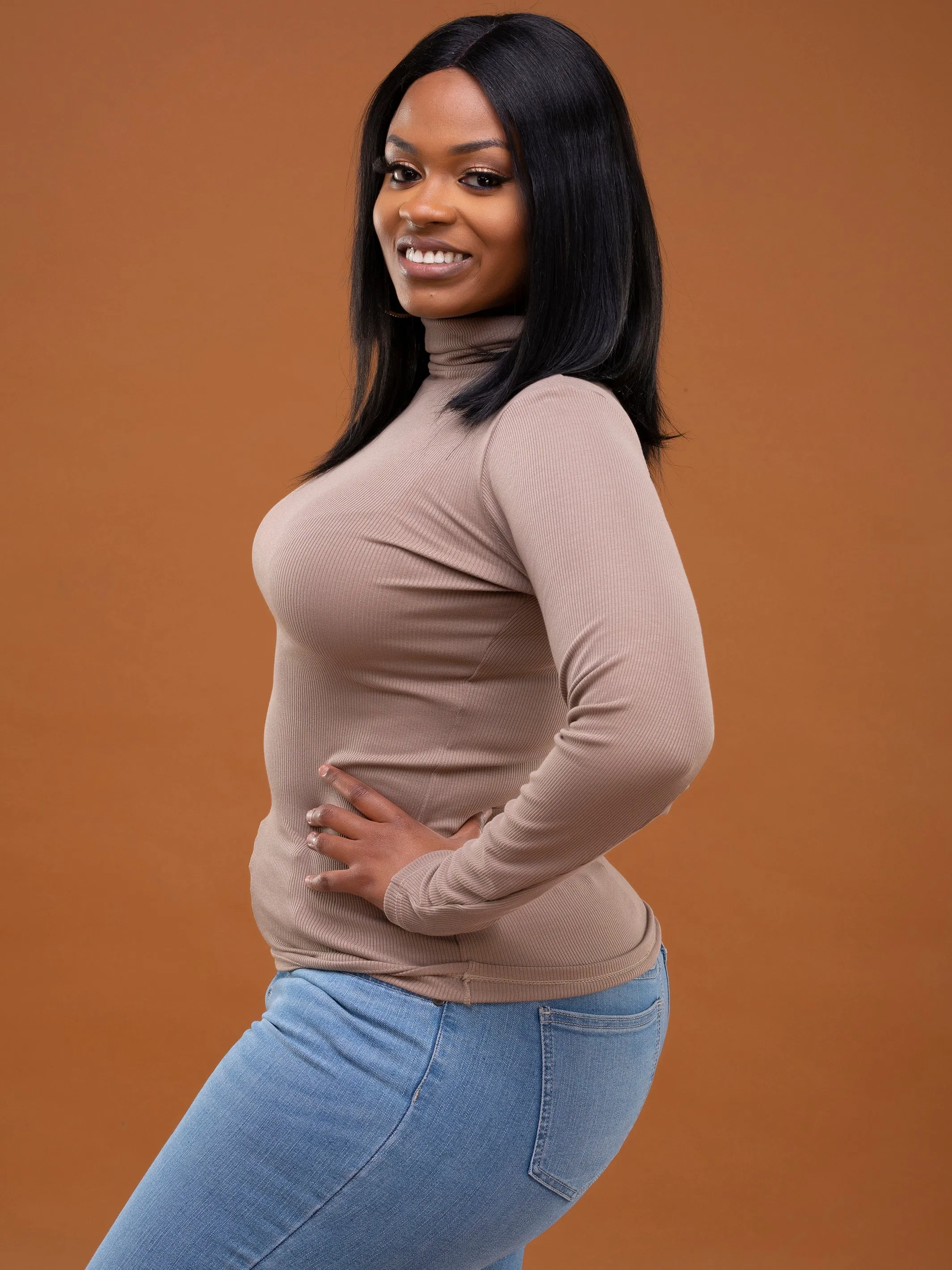 Safari Ribbed Turtleneck Top - Taupe