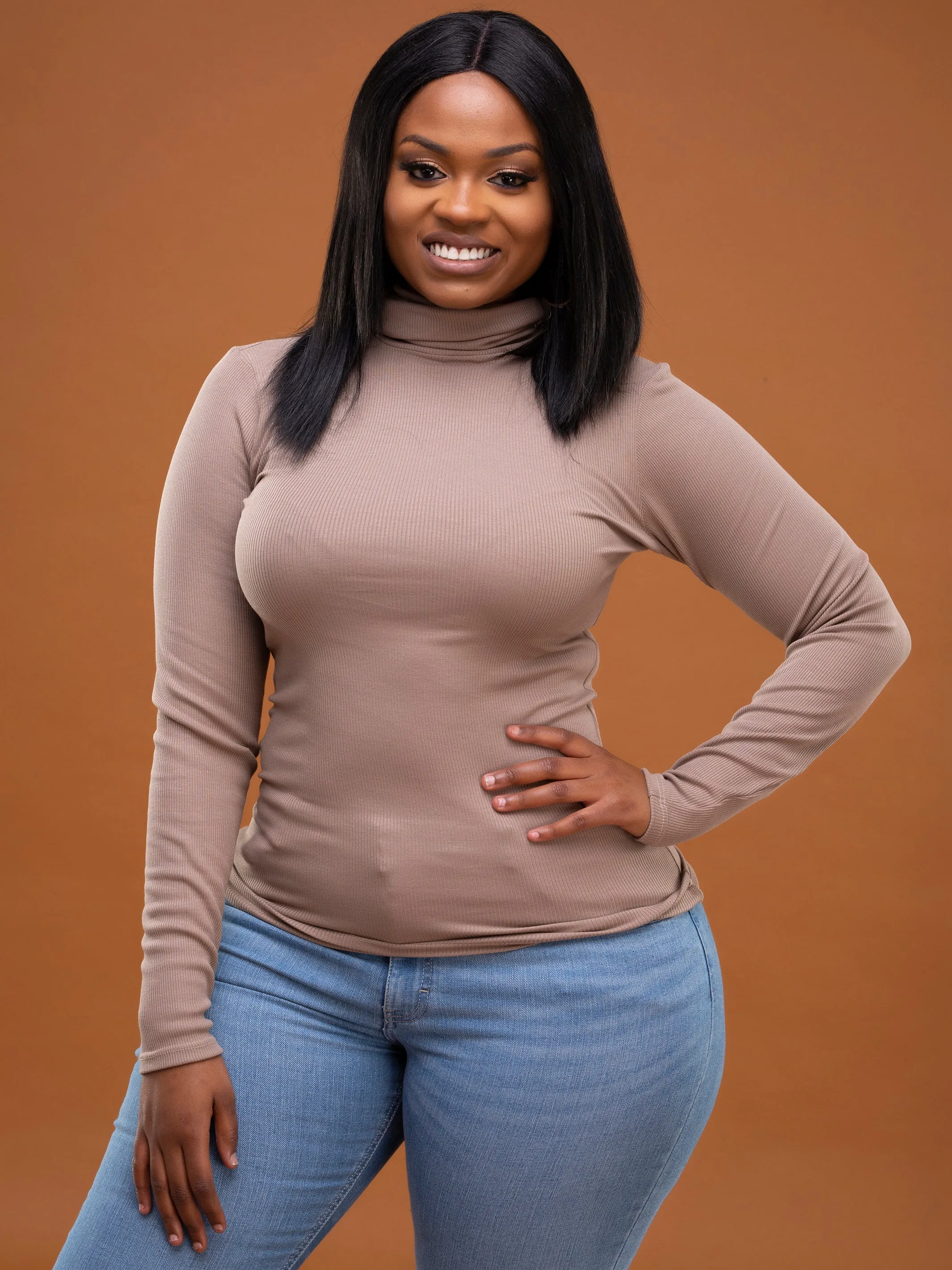 Safari Ribbed Turtleneck Top - Taupe