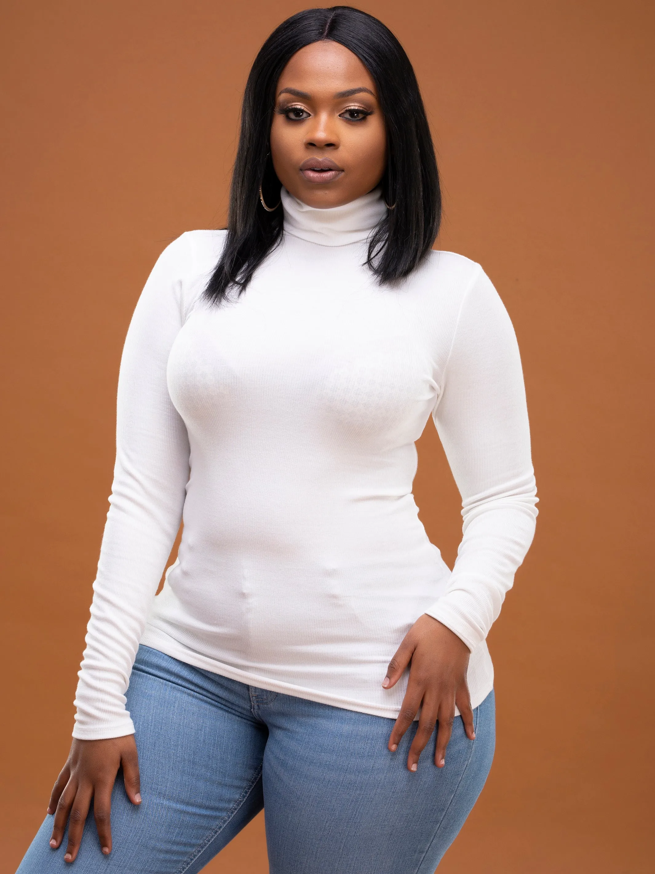 Safari Ribbed Turtleneck Top - White