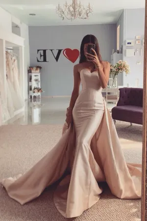 Satin Strapless Mermaid Prom Dresses with Detachable Train