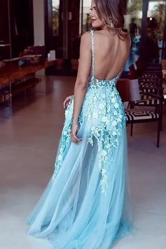 See-through Floral Lace Prom Dress with Deep V Neckline