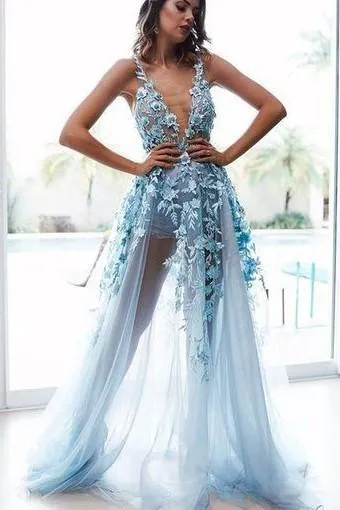 See-through Floral Lace Prom Dress with Deep V Neckline