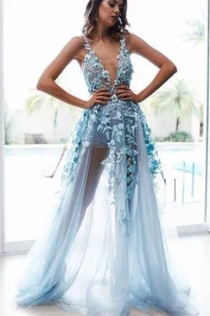 See-through Floral Lace Prom Dress with Deep V Neckline