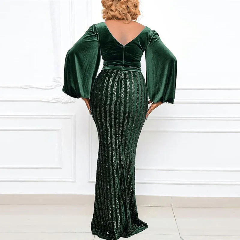 Sequins Lantern Sleeve High Slit Floor-Length Plus Size Dress