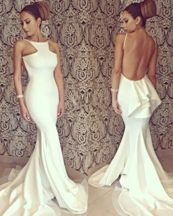 Sexy Backless Beige Evening Dresses Mermaid 2018 Sexy Evening Gowns Long Prom Dress