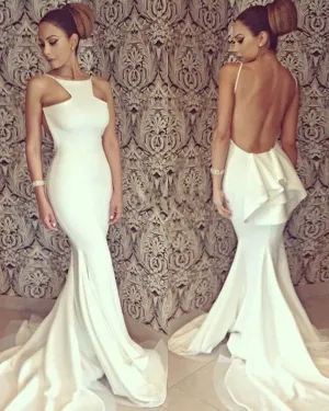 Sexy Backless Beige Evening Dresses Mermaid 2018 Sexy Evening Gowns Long Prom Dress