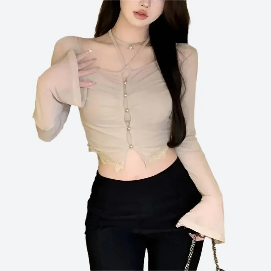 Sheer Long-Sleeve Cropped Button Tops