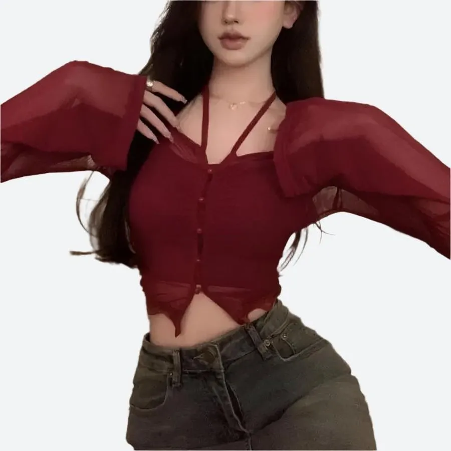 Sheer Long-Sleeve Cropped Button Tops
