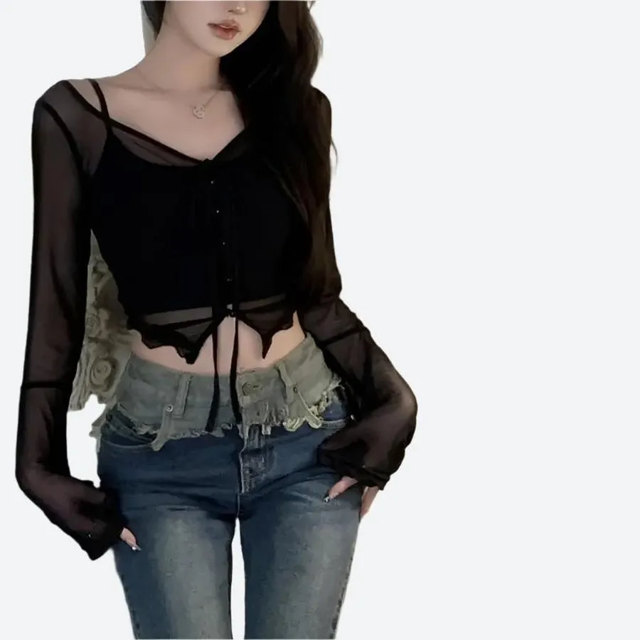 Sheer Long-Sleeve Cropped Button Tops
