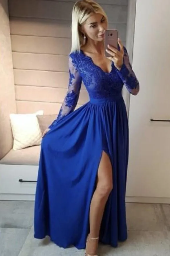 Sheer Long Sleeves Prom Dress with Lace V-neckline