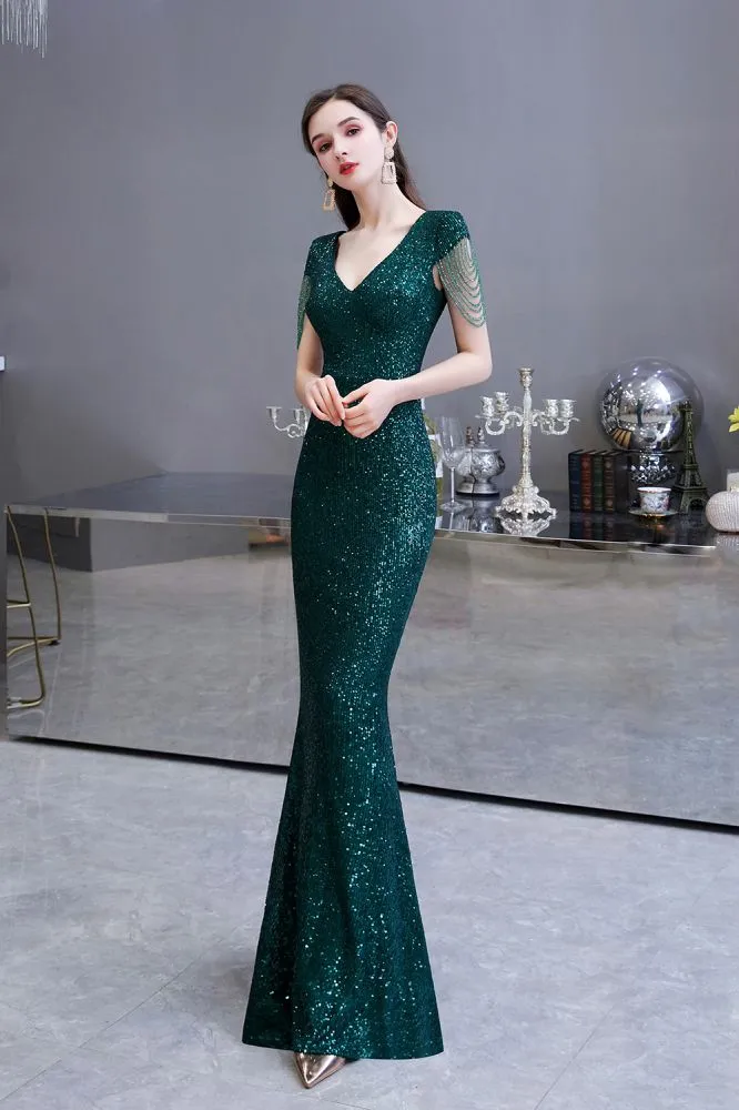 Shining Sequined Emerald Green Mermaid Cap Sleeve Long Prom Party Gowns