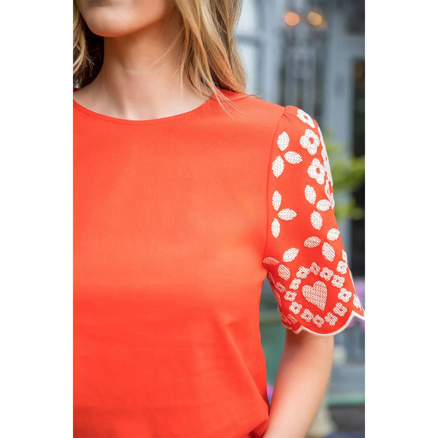 Short Sleeve Embroidered Detail Top in Red by THML