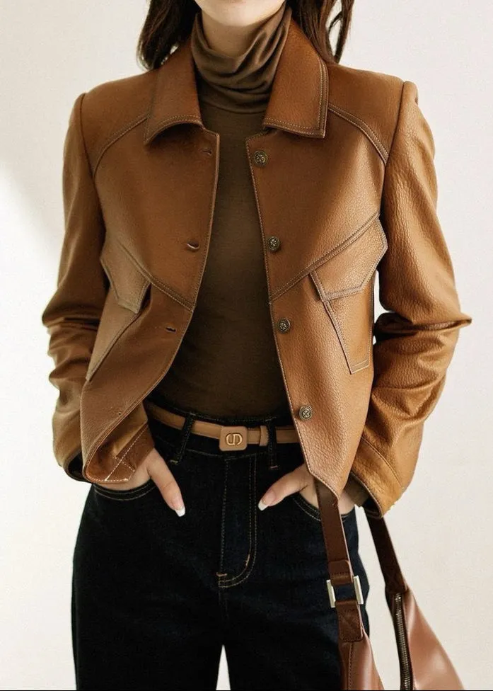Sienna Faux Leather Jacket – Cropped Button-Up in Caramel Brown