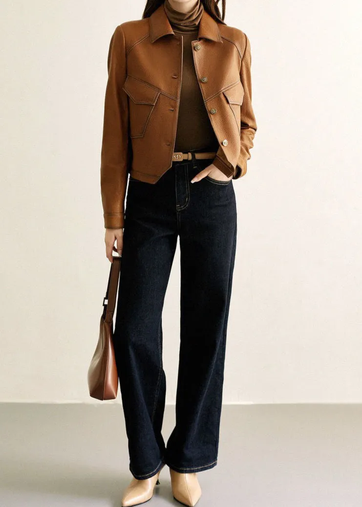 Sienna Faux Leather Jacket – Cropped Button-Up in Caramel Brown