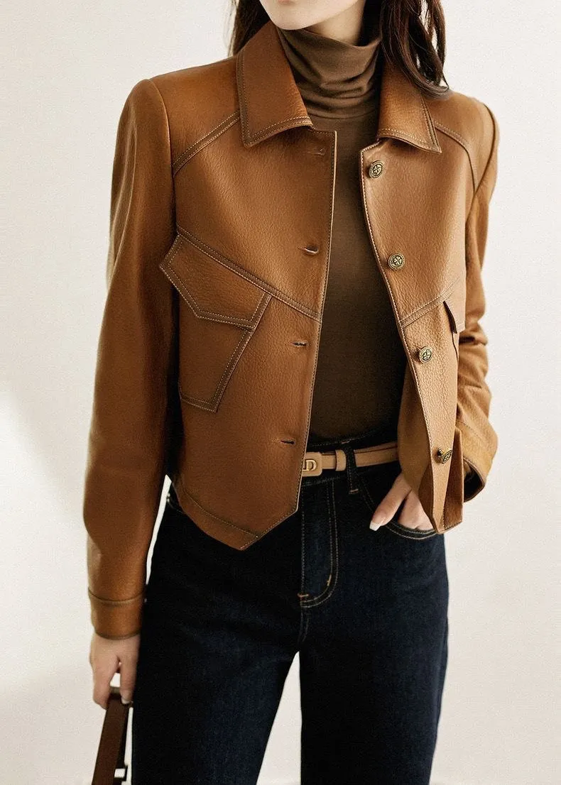 Sienna Faux Leather Jacket – Cropped Button-Up in Caramel Brown