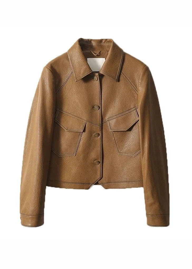 Sienna Faux Leather Jacket – Cropped Button-Up in Caramel Brown